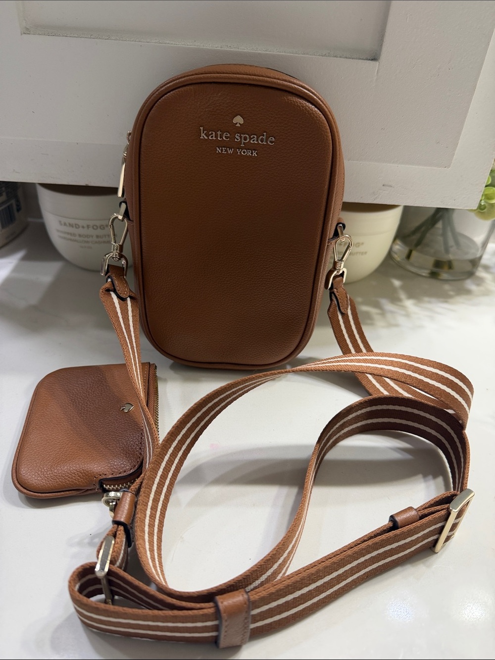 kate spade Brown Pebbled Leather Belt Bag with Striped Strap